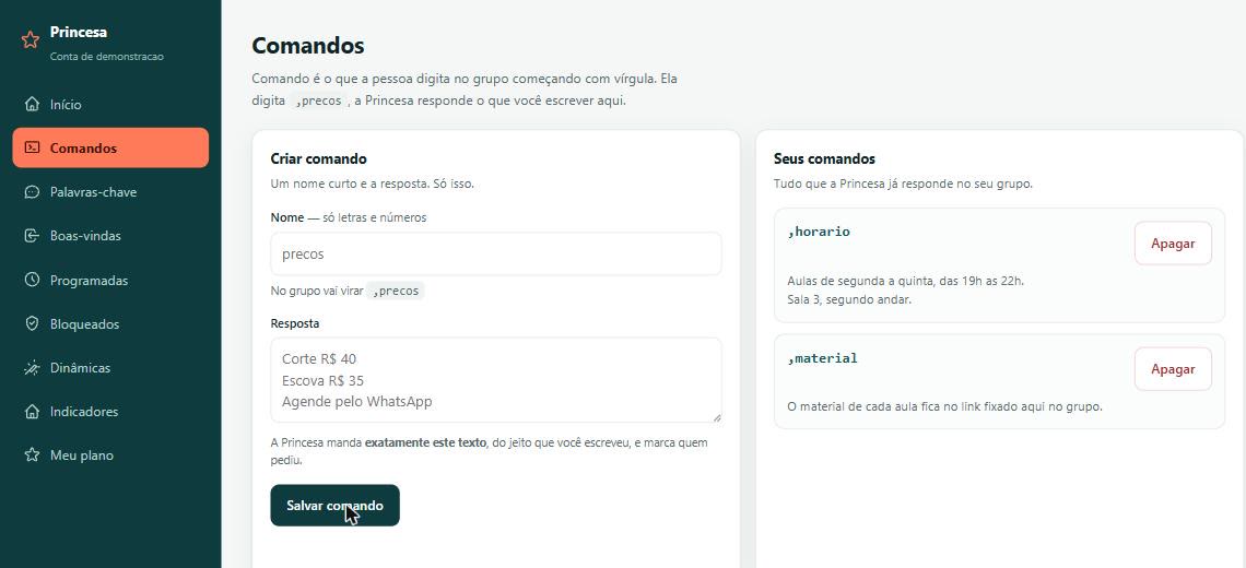 Tela de comandos do painel da Princesa: à esquerda o campo para escrever a resposta, à direita os comandos já criados.